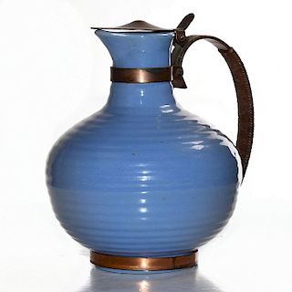 BAUER CERAMIC RING WARE JUG WITH COPPER HANDLE