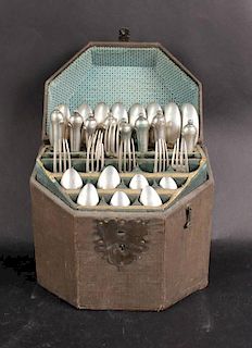 Fitted Cutlery Box with 18th C. Continental Silver Flatware