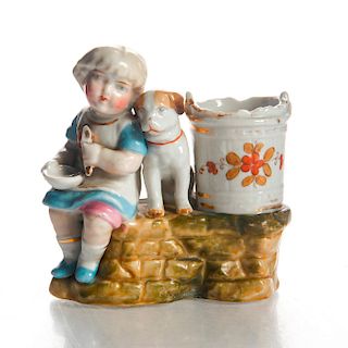 VICTORIAN CONTA AND BOEHME MATCH HOLDER, GIRL WITH DOG