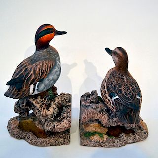 GREEN WINGED TEAL SCULPTURE BOOKENDS, PAIR
