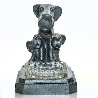 METAL FIGURINE, DOGS, WITH GLASS ASHTRAY