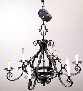 Black-Painted Wrought-Iron Six-Light Chandelier