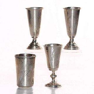4 TSARIST RUSSIAN SILVER ENGRAVED SHOT GLASSES