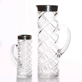SPIRAL GLASS PITCHERS WITH SILVER RIMS