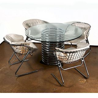 MODERN POLISHED STEEL AND GLASS DINING TABLE WITH 4 CHAIRS