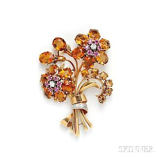 Retro 18kt Gold, Citrine, and Ruby Brooch