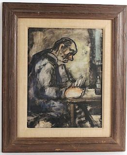 Watercolor on Paper, Benjamin Kopman, Man at Table