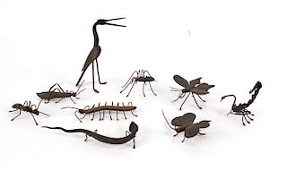 Nine Mixed Metal Figural Bug and Bird Sculptures