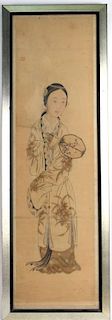 Framed Asian Scroll, Woman with Fan, 20th C.