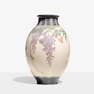 Lenore Asbury for Rookwood, large Ivory Jewel Porcelain vase with wisteria and butterflies