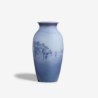 Amelia Sprague for Rookwood, experimental Aerial Blue vase with bucolic landscape and cows
