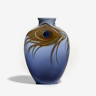 Carl Schmidt for Rookwood, Iris Glaze vase with peacock feather