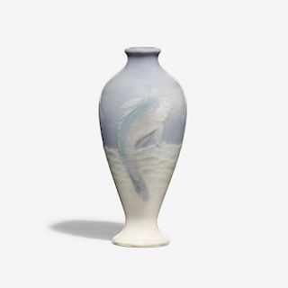 John Dee Wareham for Rookwood, rare Relief Iris vase with catfish