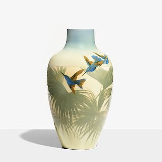 Kataro Shirayamadani for Rookwood, large Iris Glaze vase with kingfishers
