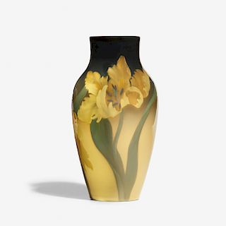 Sara Sax for Rookwood, Iris Glaze vase with parrot tulip
