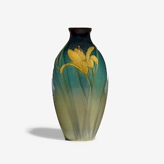 Sallie Coyne for Rookwood, Sea Green vase with Japanese lily