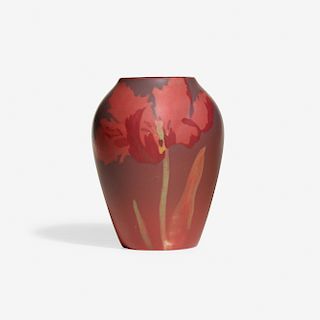 Harriet Wilcox for Rookwood, Painted Mat vase with parrot tulips