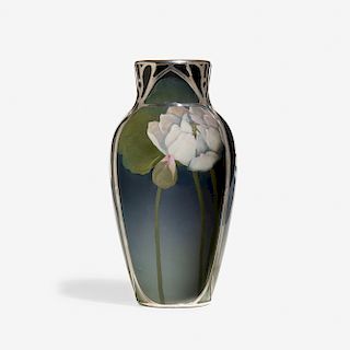 Olga Reed for Rookwood, Iris Glaze vase with lotuses and overlay