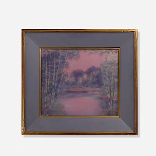 Edward T. Hurley for Rookwood, large Vellum plaque (Sunset Over Wooded Lake)
