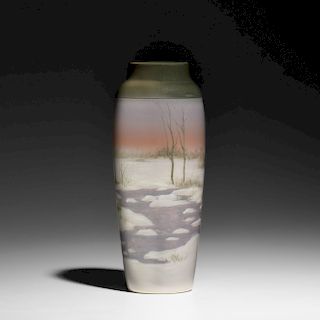 Kataro Shirayamadani for Rookwood, banded Iris Glaze vase with winter scene