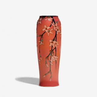 Sara Sax for Rookwood, rare French Red vase with forsythia