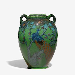 Edward T. Hurley for Rookwood, large Ivory Jewel Porcelain vase with peacock