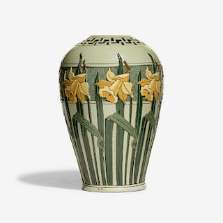 Frederick Hurten Rhead for Roseville Pottery, large reticulated Della Robbia vase with daffodils
