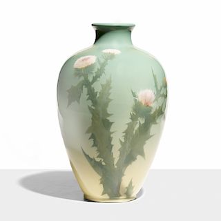 Albert R. Valentien for Rookwood, large Iris Glaze vase with thistle