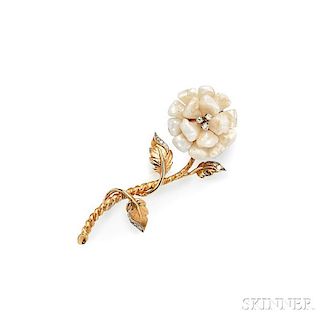 14kt Gold, Baroque Freshwater Pearl, and Diamond Flower Brooch