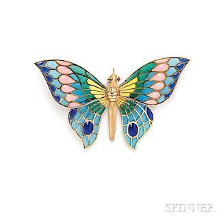 18kt Gold and Plique-a-Jour Enamel Butterfly Brooch