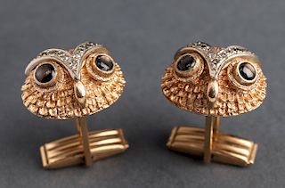 14K Yellow Gold Diamond & Sapphire Owl Cufflinks