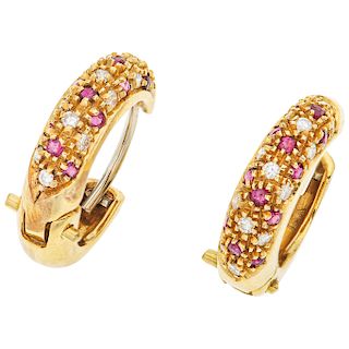 HOOPS ROUND RUBIES AND DIAMONDS EARRINGS. 18K YELLOW GOLD