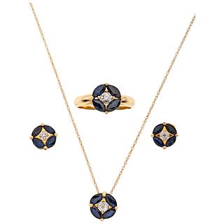 NECKLACE, PENDANT, RING AND EARRINGS SET WITH SAPPHIRES AND DIAMONDS. 14K YELLOW GOLD