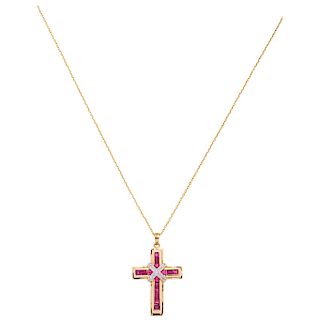 CHOKER AND CROSS WITH RUBIES AND DIAMONDS. 14K YELLOW GOLD