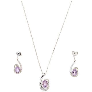 CHOKER, PENDANT AND EARRINGS SET WITH AMETHYSTS AND DIAMONDS. 14K WHITE GOLD