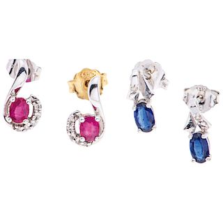 TWO PAIRS OF EARRINGS WITH SAPPHIRES, RUBIES AND DIAMONDS. 14K WHITE GOLD