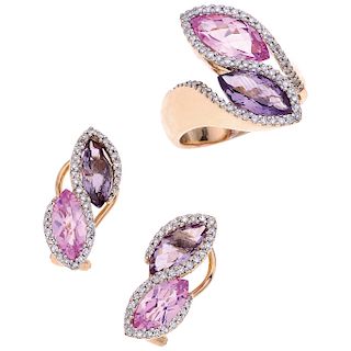 RING AND EARRINGS SET WITH AMETHYSTS, TOPAZ AND DIAMONDS. 14K YELLOW GOLD