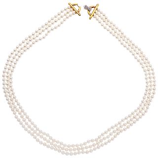 CULTURED PEARLS NECKLACE WITH 18K YELLOW GOLD CLASP WITH DIAMONDS AND RUBIES. 