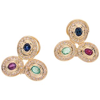 RUBIES, EMERALDS, SAPPHIRES AND DIAMONDS EARRINGS. 14K YELLOW GOLD