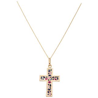 CHOKER AND CROSS WITH RUBIES AND SAPPHIRES. 14K YELLOW GOLD