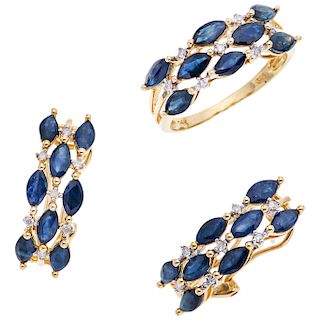 RING AND EARRINGS SET WITH SAPPHIRES AND DIAMONDS. 14K YELLOW GOLD 