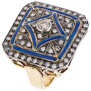 DIAMONDS AND ENAMEL RING. 18K YELLOW GOLD AND SILVER