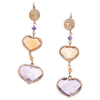 AMETHYSTS AND CITRINES EARRINGS. 14K YELLOW GOLD