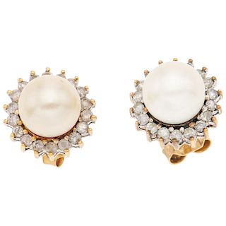 CULTURED PEARLS AND DIAMONDS EARRINGS. 14K YELLOW GOLD