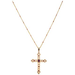 CHOKER AND CROSS WITH RUBIES AND DIAMONDS. 14K YELLOW GOLD