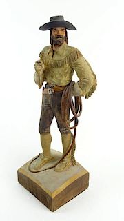 Clement H. Donshea, American (1891-1970) Original Single Wood Carving Figure "Mule Skinner Circa 1876, Frontier Revolver, Bullwhip - 15' To Scale"