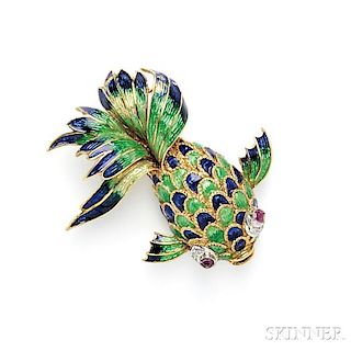 18kt Gold, Ruby, and Diamond Fish Brooch