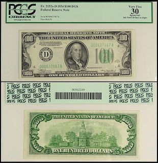 1934 $100 U.S. Federal Reserve Note. Fr. 2152a-D DGS. Serial # D00637987A, Plate #A4/76