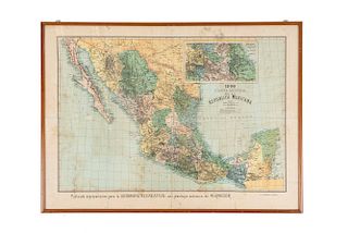 M. Amador. General Map of the Mexican Republic. México: Lit. Mercantil, 1900. Lithograph in color, 18 x 26.7" (46 x 68 cm). Framed.