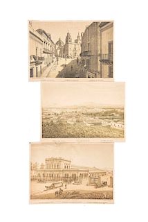Castro, Casimiro. Vista General de Toluca / Estación de Ferrocarril de Veracruz / Catedral de Guanajuato. Méx,1885. Lithographs. Pieces:3